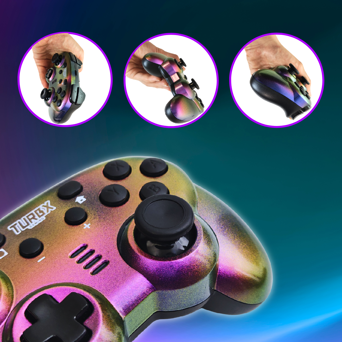 TurbX Prism Shift Mini Wireless Gaming Controller for iPhone, Android, Switch, and PC_Iridescent-Glowing-Surface-for-a-Unique-Look-turbx-prism-shift-mini-wireless-gaming-controller